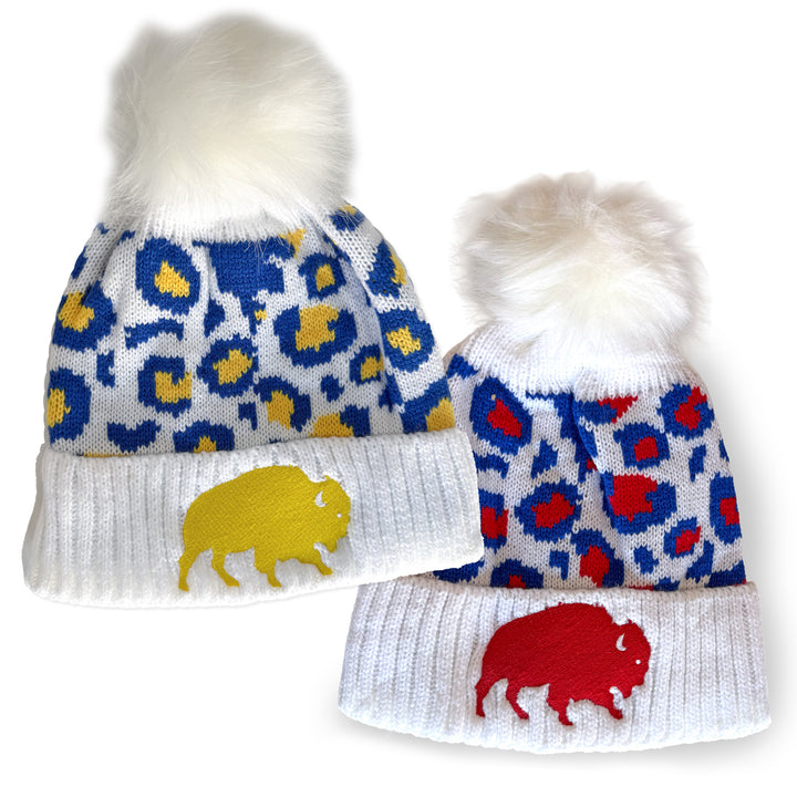 White Leopard Pom Knit Winter Hat - Embroidered Buffalo