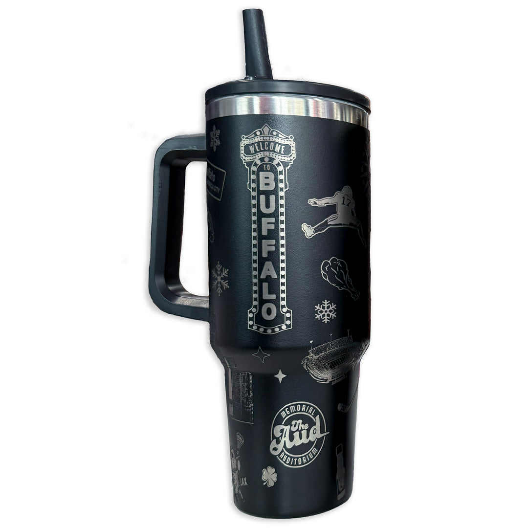 Buffalo City Spirit - 40oz Stainless Steel Tumbler with Flip Top & Straw - Black