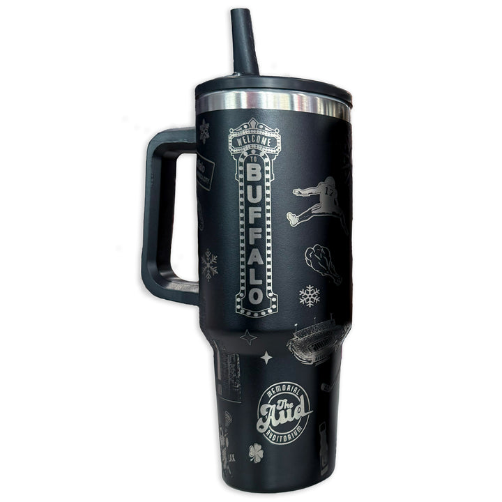 Buffalo City Spirit - 40oz Stainless Steel Tumbler with Flip Top & Straw - Black