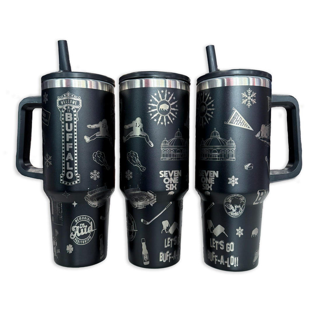 Buffalo City Spirit - 40oz Stainless Steel Tumbler with Flip Top & Straw - Black