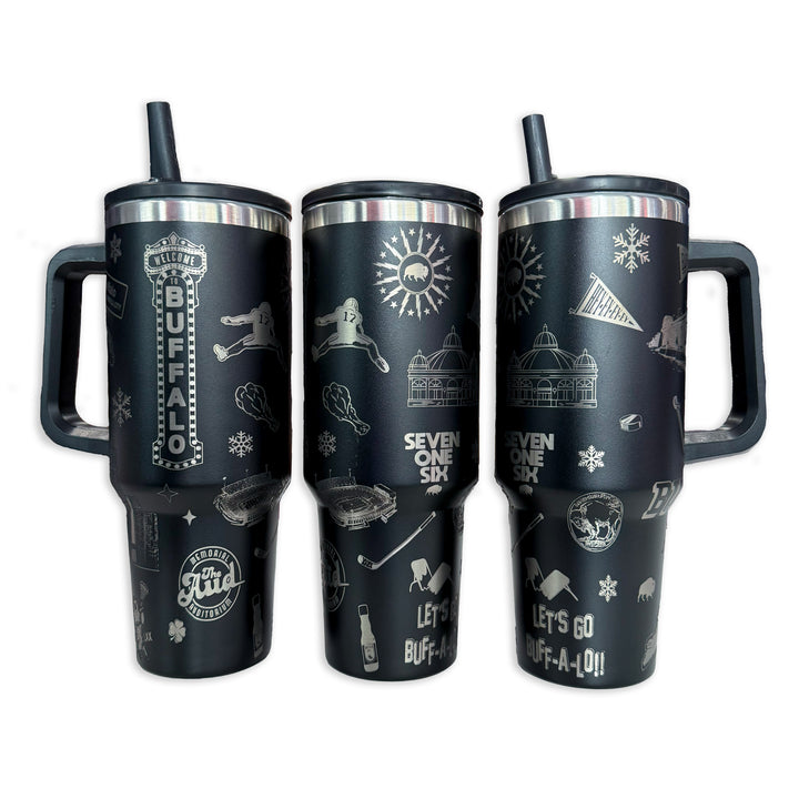 Buffalo City Spirit - 40oz Stainless Steel Tumbler with Flip Top & Straw - Black