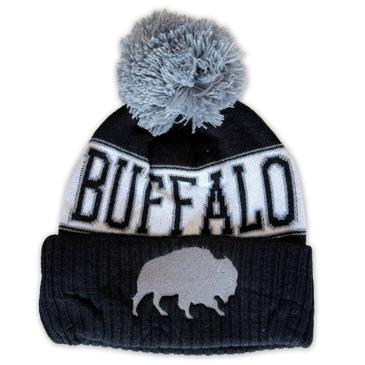 Buffalo Pom Knit Winter Hat - Embroidered Buffalo - Black & White