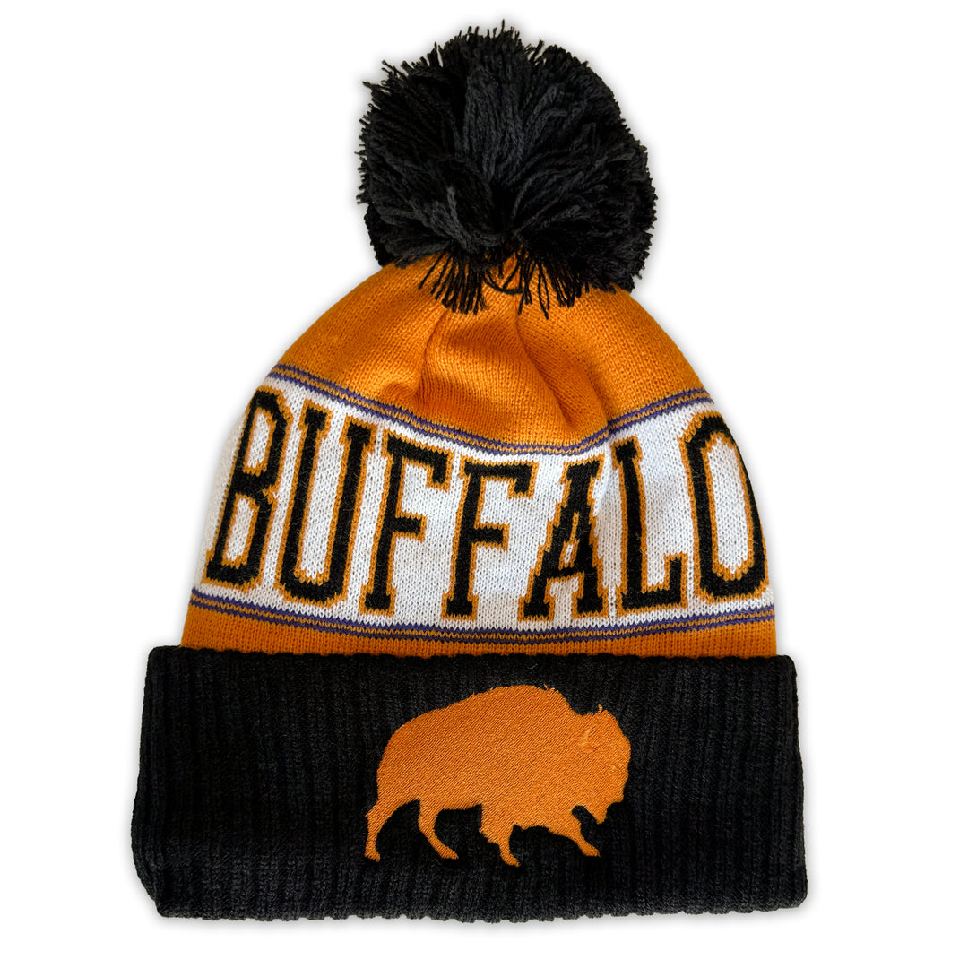 Buffalo Pom Knit Winter Hat - Embroidered Buffalo - Black & Orange