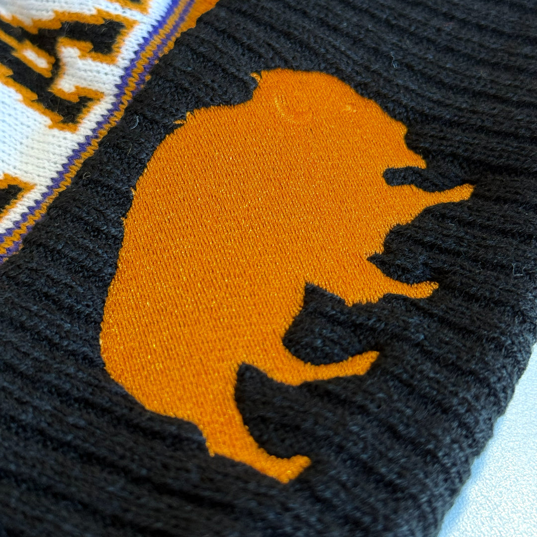 Buffalo Pom Knit Winter Hat - Embroidered Buffalo - Black & Orange