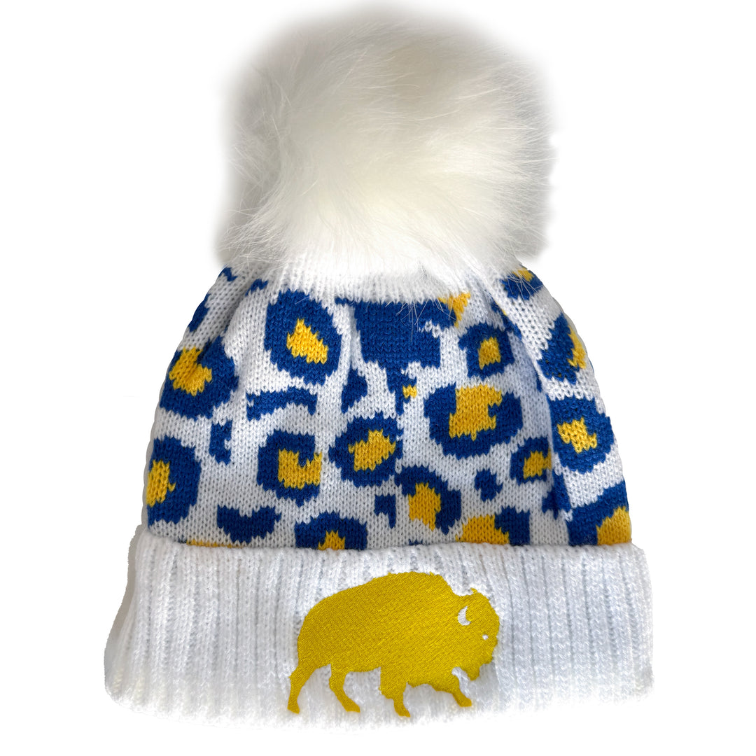 White Leopard Pom Knit Winter Hat - Embroidered Buffalo