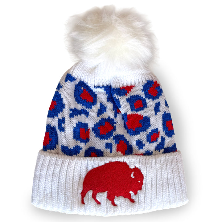White Leopard Pom Knit Winter Hat - Embroidered Buffalo