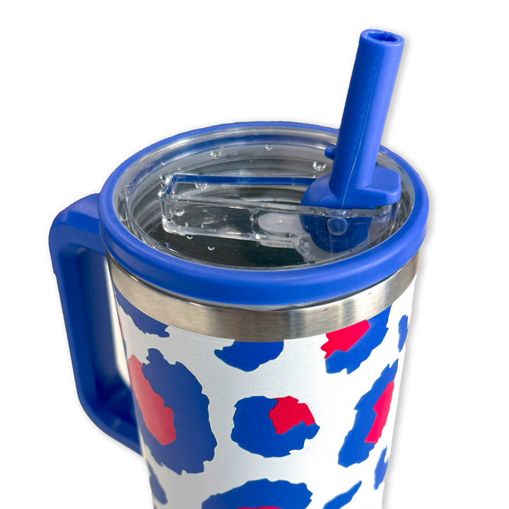 White Leopard - 40oz Stainless Steel Tumbler with Flip Top & Straw