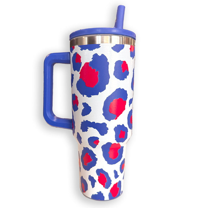 White Leopard - 40oz Stainless Steel Tumbler with Flip Top & Straw