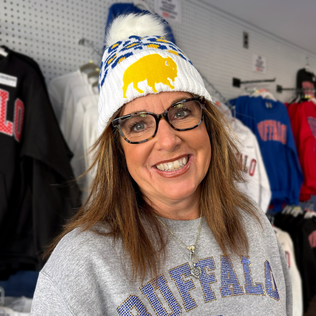White Leopard Pom Knit Winter Hat - Embroidered Buffalo